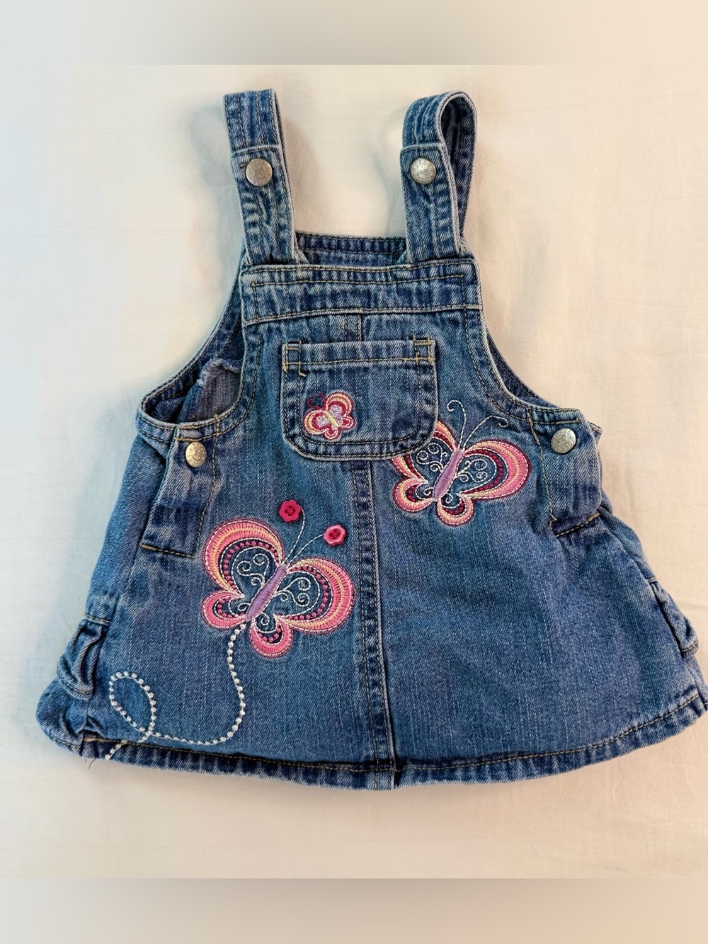 Faded Glory Denim Butterfly Embroidered Overall Dress - Blue with Pink Accents